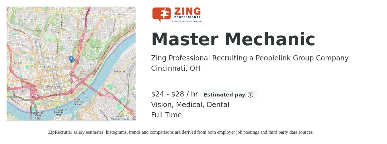 Zing Professional Recruiting a Peoplelink Group Company job posting for a Master Mechanic in Cincinnati, OH with a salary of $25 to $30 Hourly and benefits including dental, life_insurance, medical, pto, retirement, and vision with a map of Cincinnati location.