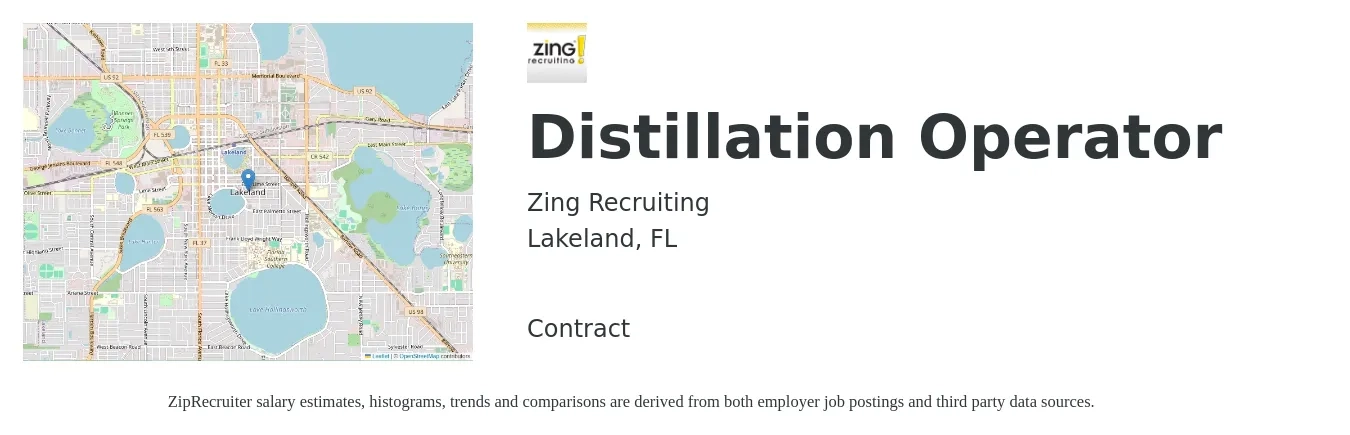 Zing Recruiting job posting for a Distillation Operator in Lakeland, FL with a salary of $17 to $18 Hourly with a map of Lakeland location.