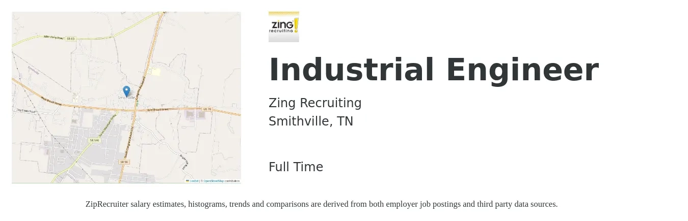 Zing Recruiting job posting for a Industrial Engineer in Smithville, TN with a salary of $65,000 to $75,000 Yearly with a map of Smithville location.