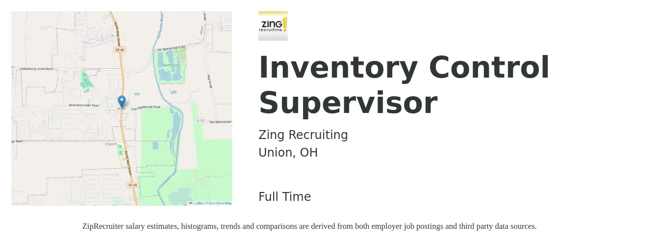 Zing Recruiting job posting for a Inventory Control Supervisor in Union, OH with a salary of $38,600 to $60,500 Yearly with a map of Union location.