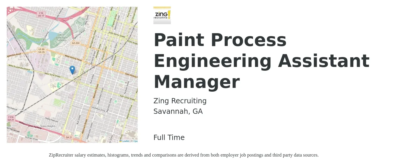 Zing Recruiting job posting for a Paint Process Engineering Assistant Manager in Savannah, GA with a salary of $39,100 to $45,200 Yearly with a map of Savannah location.