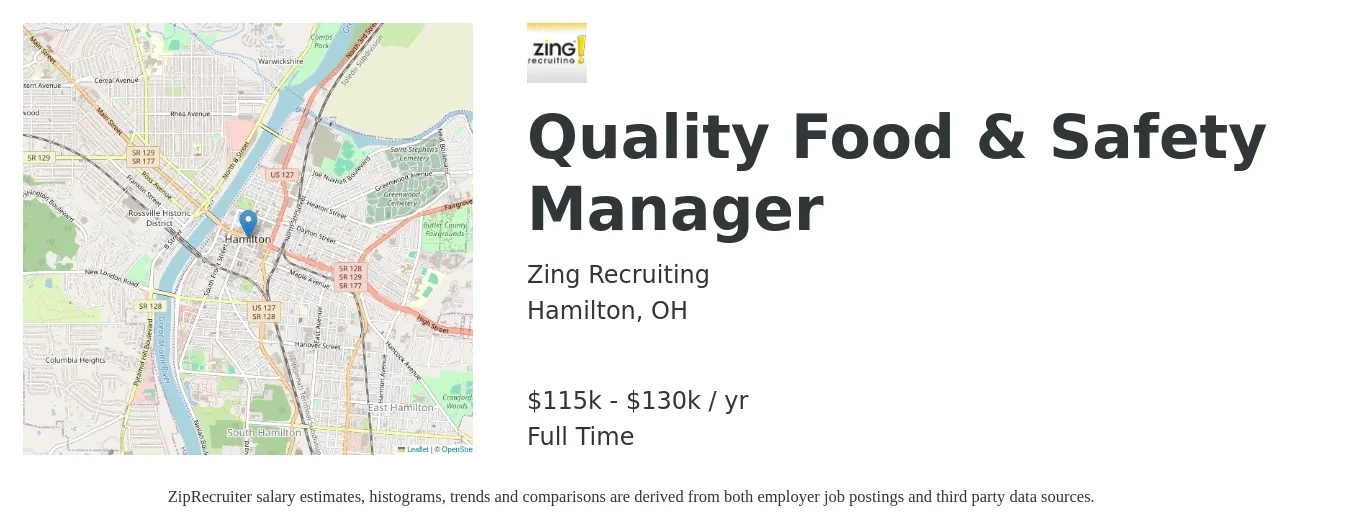 Zing Recruiting job posting for a Quality Food & Safety Manager in Hamilton, OH with a salary of $115,000 to $130,000 Yearly with a map of Hamilton location.