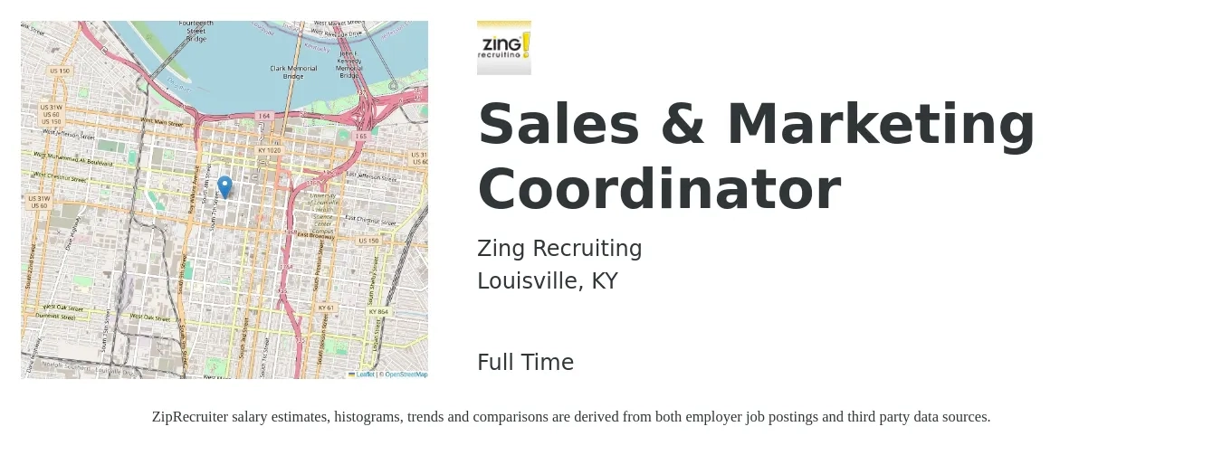 Zing Recruiting job posting for a Sales & Marketing Coordinator in Louisville, KY with a salary of $40,400 to $52,800 Yearly with a map of Louisville location.