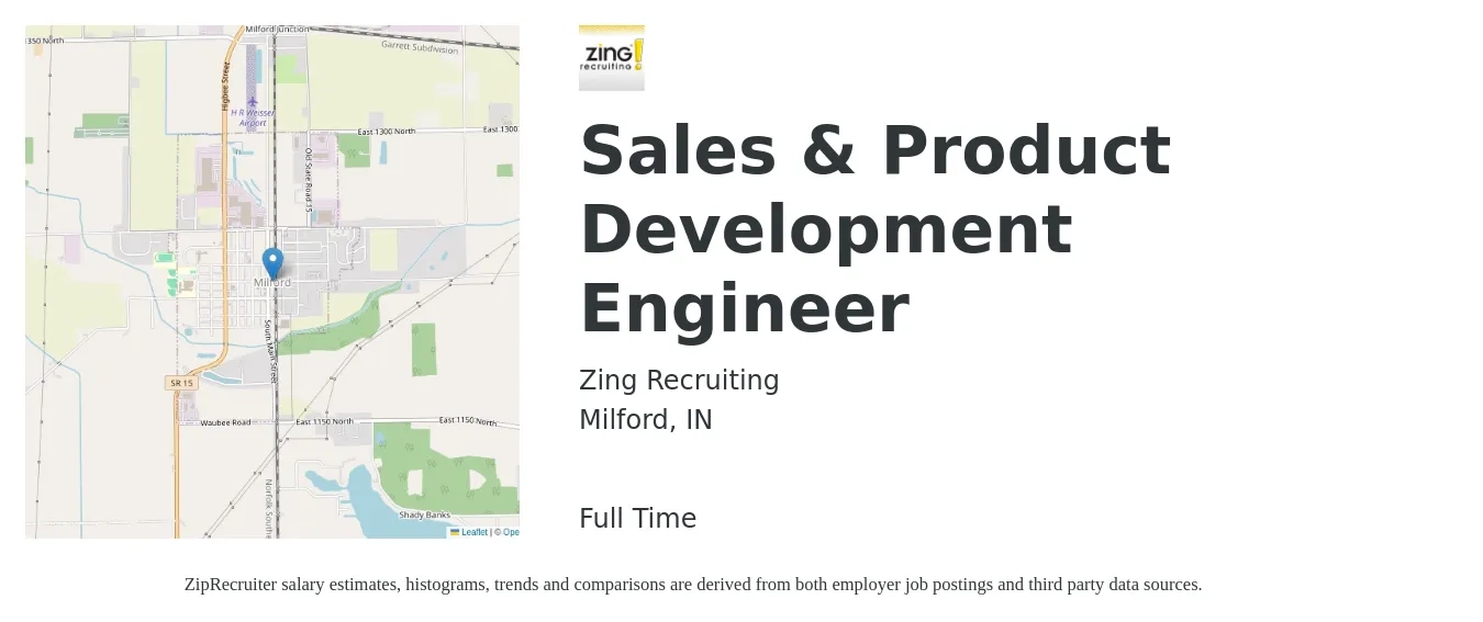 Zing Recruiting job posting for a Sales & Product Development Engineer in Milford, IN with a salary of $60,100 to $89,300 Yearly with a map of Milford location.