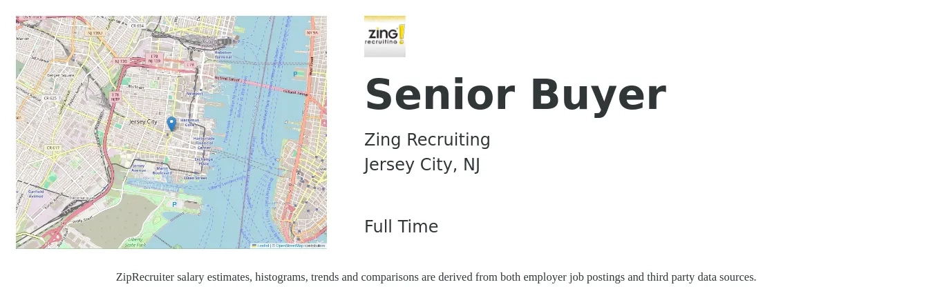 Zing Recruiting job posting for a Senior Buyer in Jersey City, NJ with a salary of $57,400 to $82,500 Yearly with a map of Jersey City location.