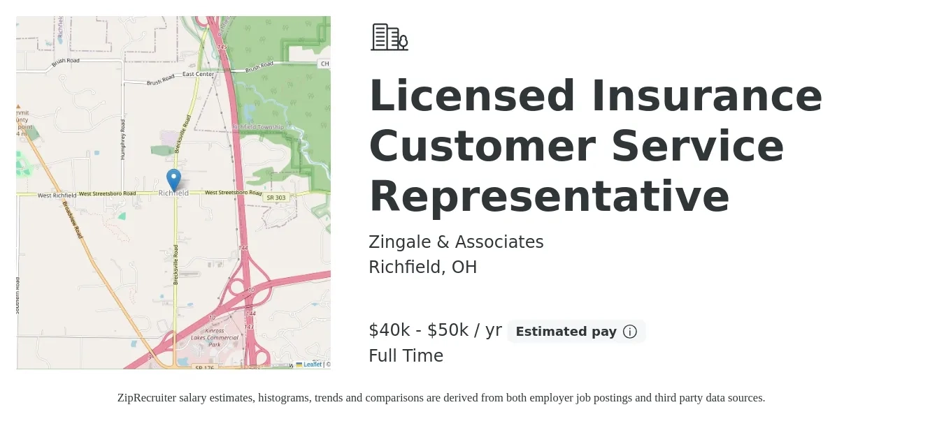 Zingale & Associates job posting for a Licensed Insurance Customer Service Representative in Richfield, OH with a salary of $40,000 to $50,000 Yearly with a map of Richfield location.