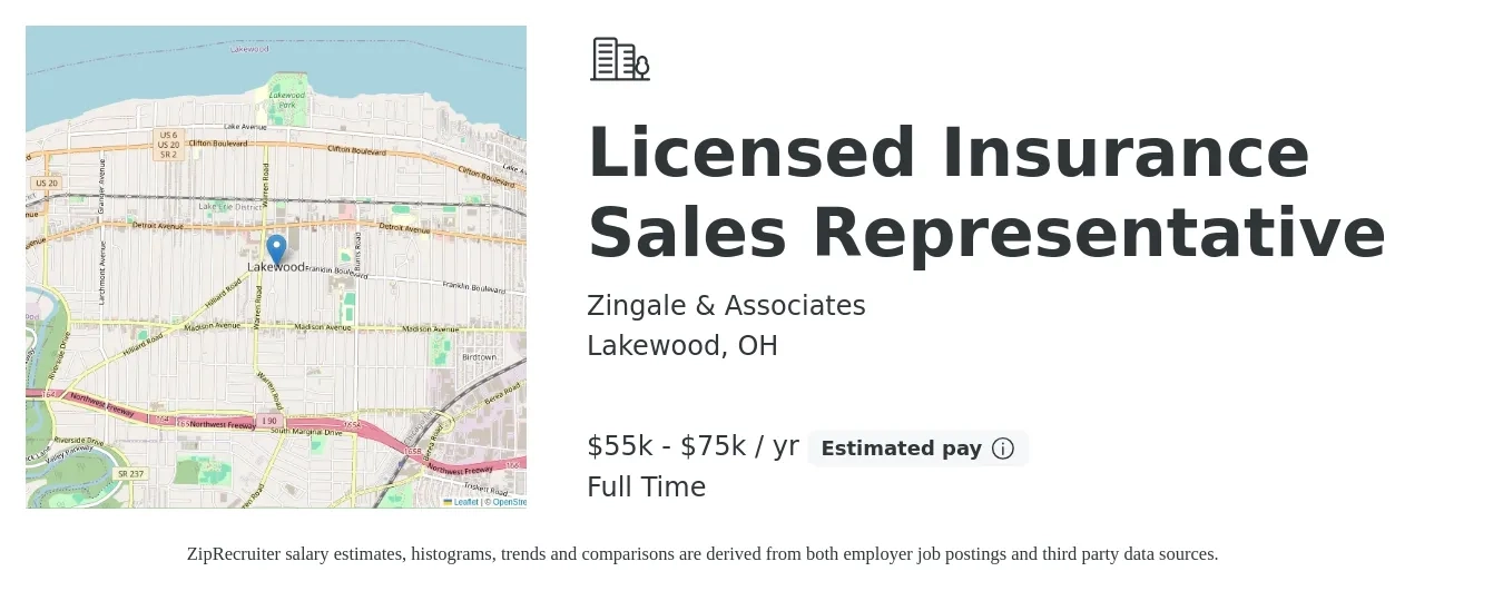 Zingale & Associates job posting for a Licensed Insurance Sales Representative in Lakewood, OH with a salary of $55,000 to $75,000 Yearly with a map of Lakewood location.