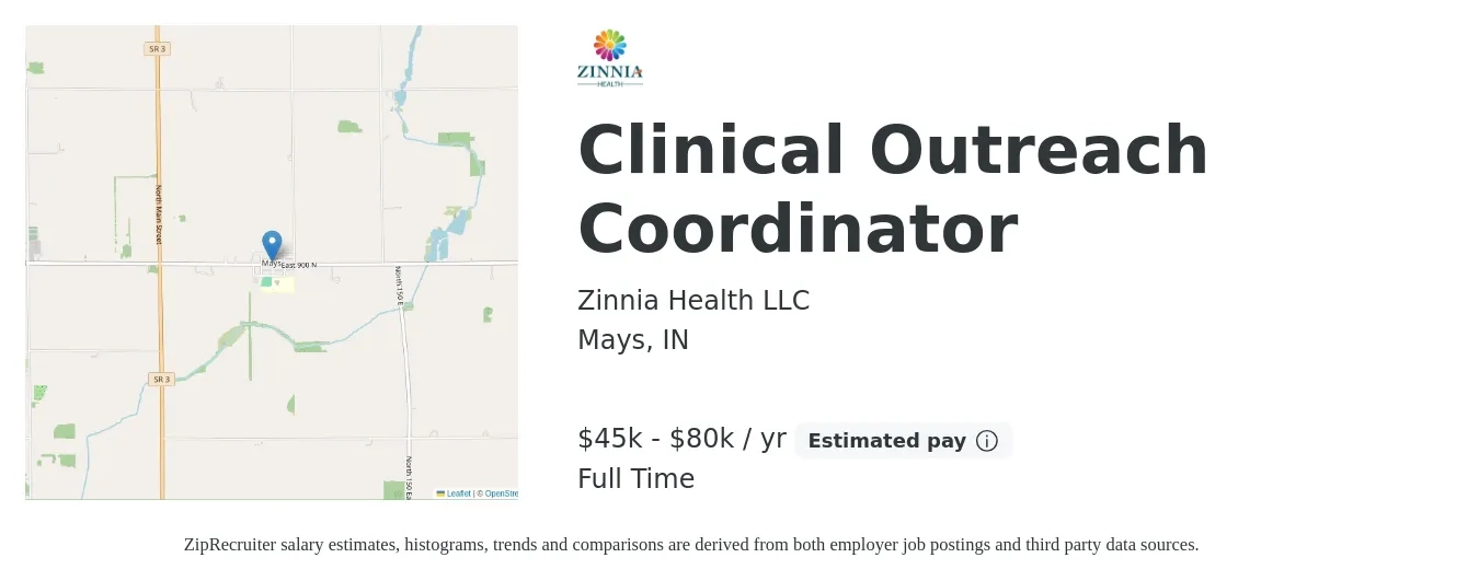 Zinnia Health LLC job posting for a Clinical Outreach Coordinator in Mays, IN with a salary of $45,000 to $80,000 Yearly with a map of Mays location.