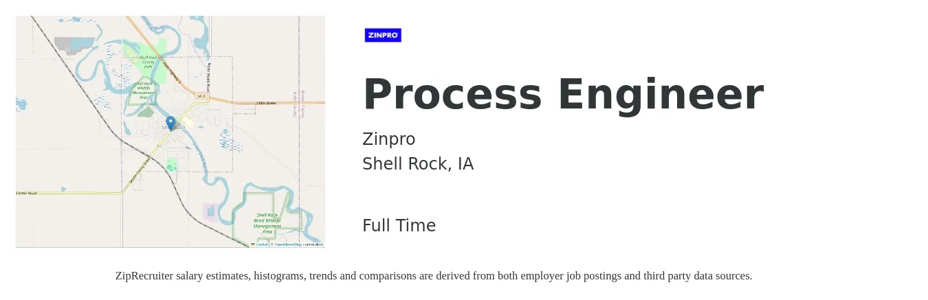 Zinpro job posting for a Process Engineer in Shell Rock, IA with a salary of $69,600 to $96,200 Yearly with a map of Shell Rock location.
