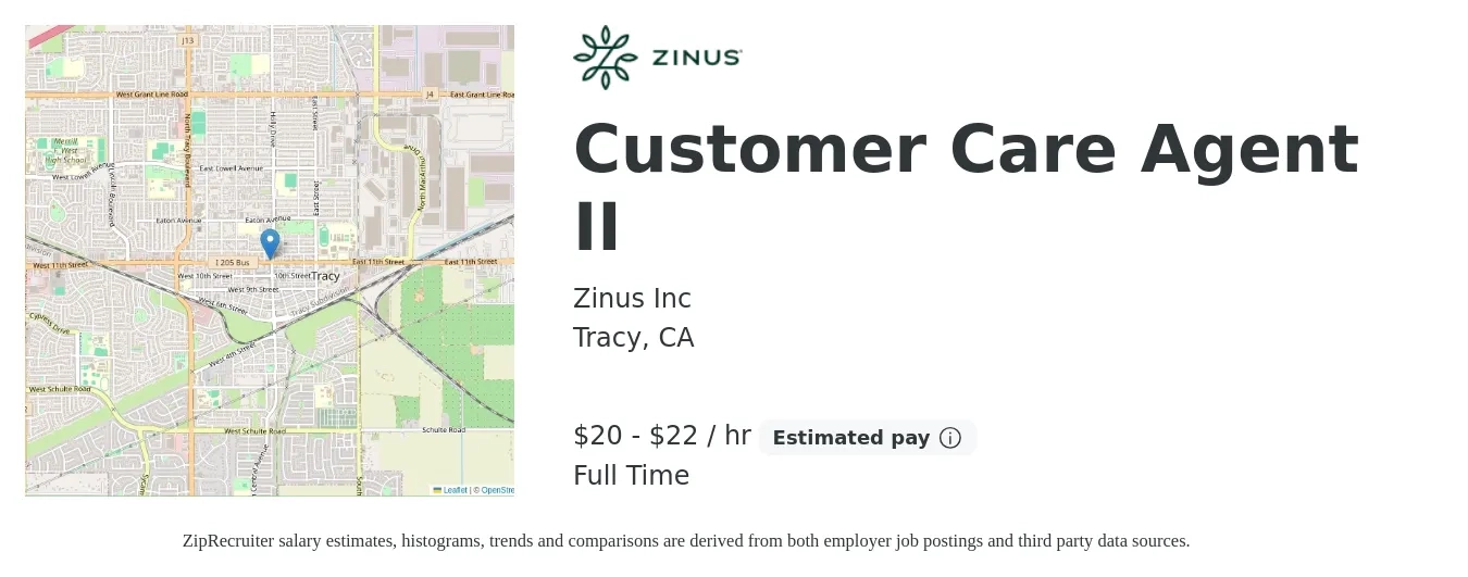 Zinus Inc job posting for a Customer Care Agent II in Tracy, CA with a salary of $21 to $23 Hourly with a map of Tracy location.