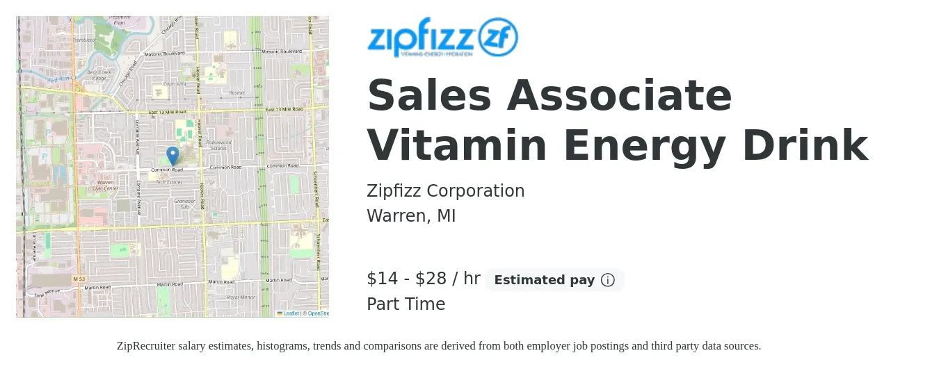 Zipfizz Corporation job posting for a Sales Associate Vitamin Energy Drink in Warren, MI with a salary of $15 to $30 Hourly with a map of Warren location.