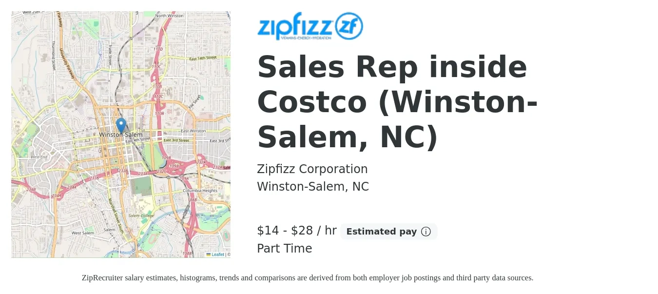 Zipfizz Corporation job posting for a Sales Rep inside Costco (Winston-Salem, NC) in Winston-Salem, NC with a salary of $15 to $30 Hourly with a map of Winston-Salem location.
