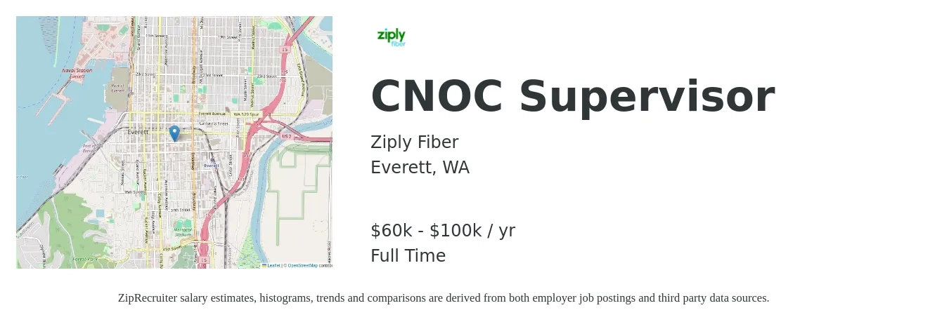 Ziply Fiber job posting for a CNOC Supervisor in Everett, WA with a salary of $60,000 to $100,000 Yearly with a map of Everett location.