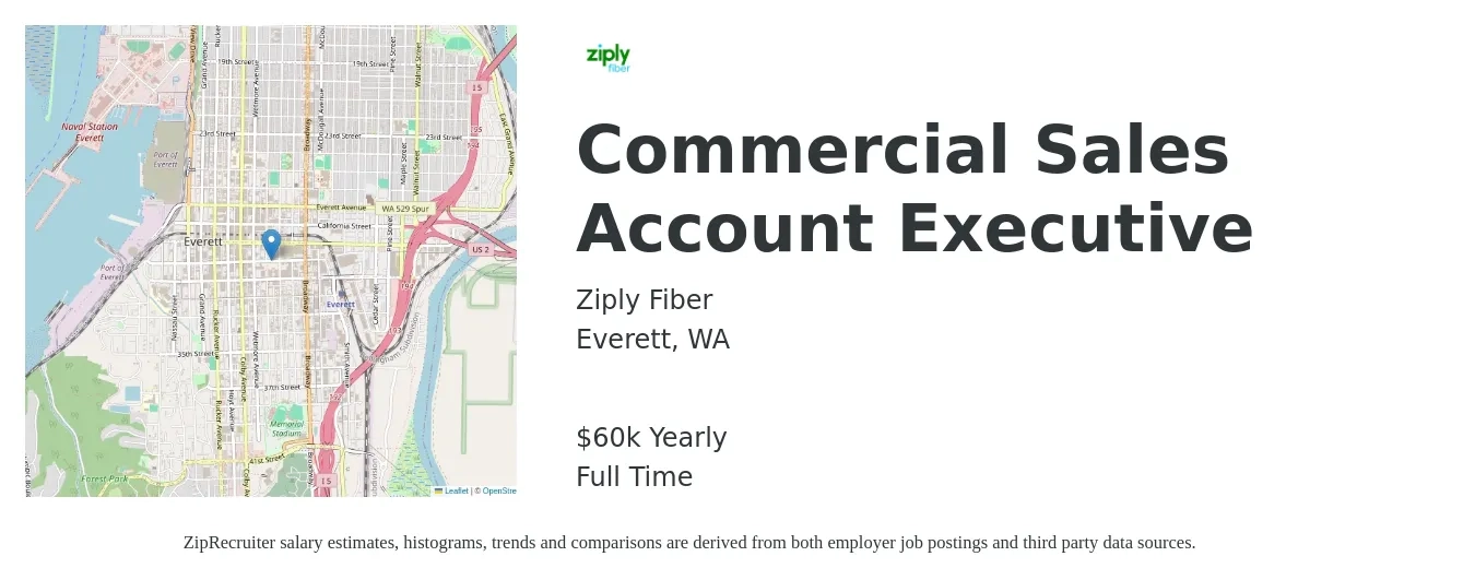 Ziply Fiber job posting for a Commercial Sales Account Executive in Everett, WA with a salary of $60,000 Yearly with a map of Everett location.