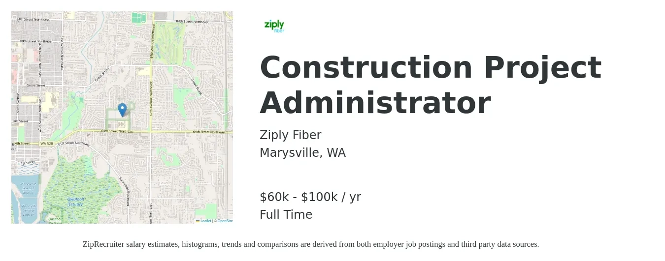 Ziply Fiber job posting for a Construction Project Administrator in Marysville, WA with a salary of $60,000 to $100,000 Yearly with a map of Marysville location.
