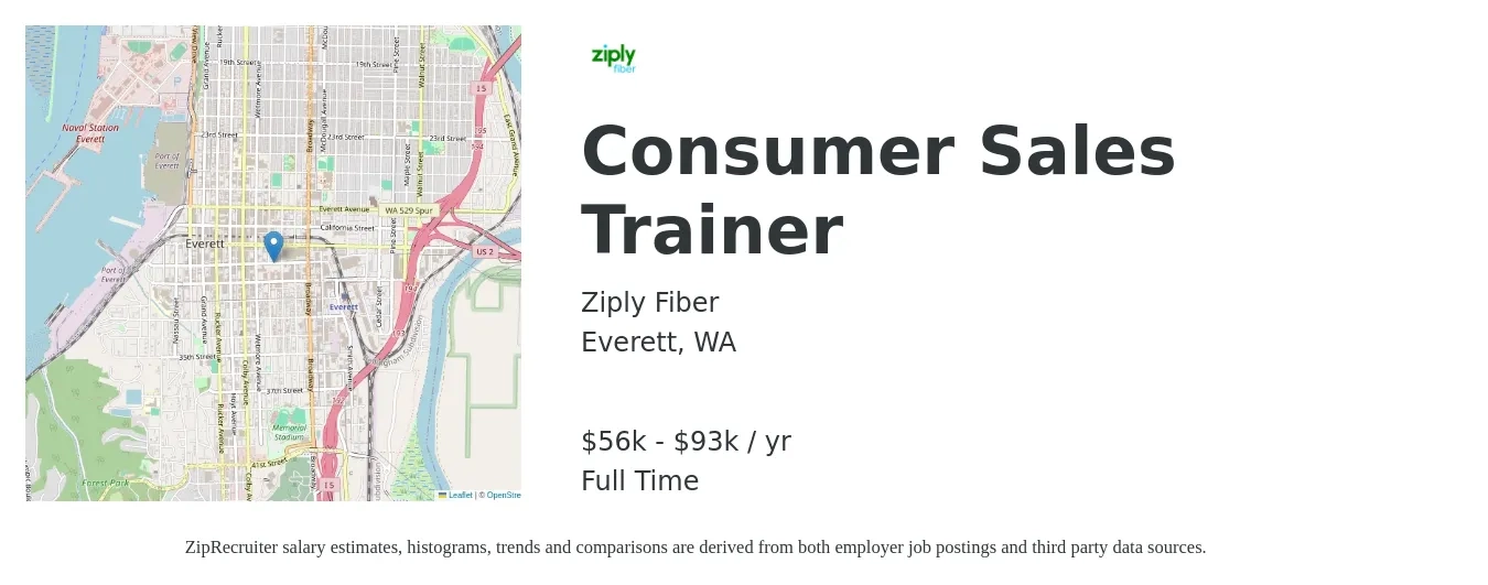 Ziply Fiber job posting for a Consumer Sales Trainer in Everett, WA with a salary of $56,250 to $93,750 Yearly with a map of Everett location.