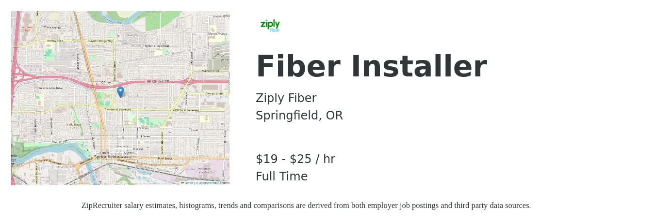 Ziply Fiber job posting for a Fiber Installer in Springfield, OR with a salary of $20 to $27 Hourly with a map of Springfield location.