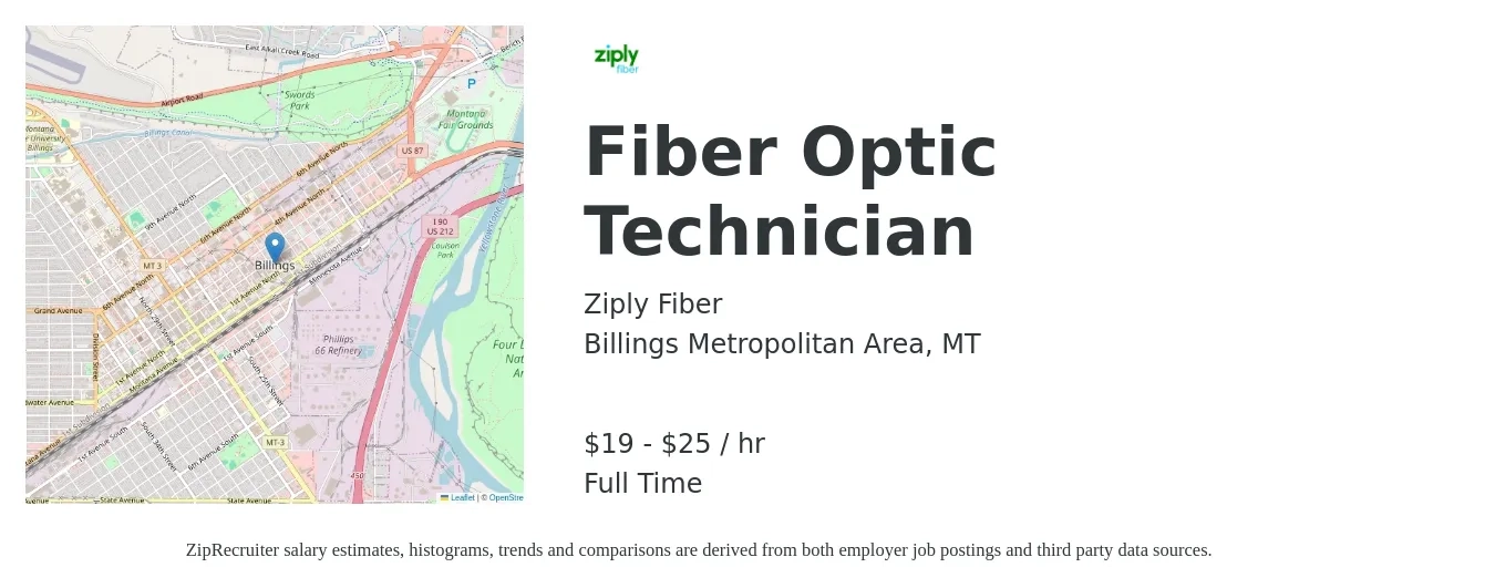 Ziply Fiber job posting for a Fiber Optic Technician in Billings Metropolitan Area, MT with a salary of $20 to $26 Hourly with a map of Billings Metropolitan Area location.