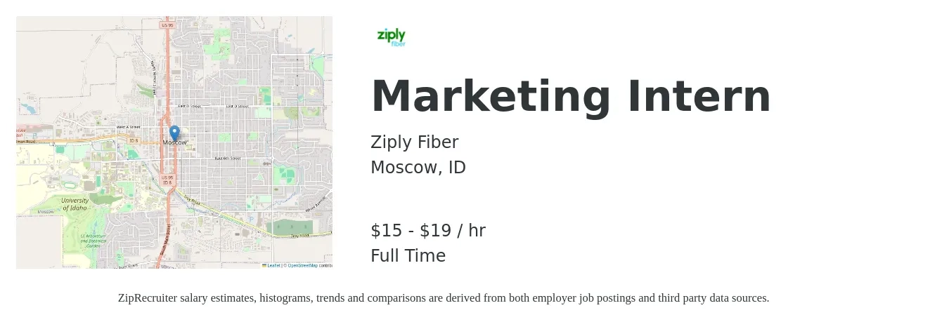 Ziply Fiber job posting for a Marketing Intern in Moscow, ID with a salary of $16 to $20 Hourly with a map of Moscow location.