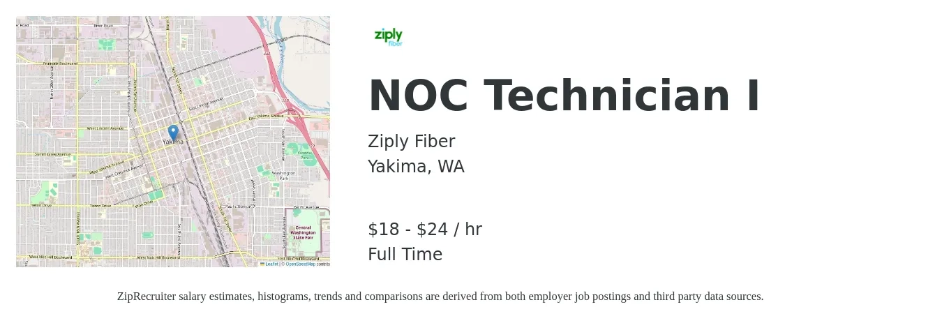 Ziply Fiber job posting for a NOC Technician I in Yakima, WA with a salary of $19 to $25 Hourly with a map of Yakima location.