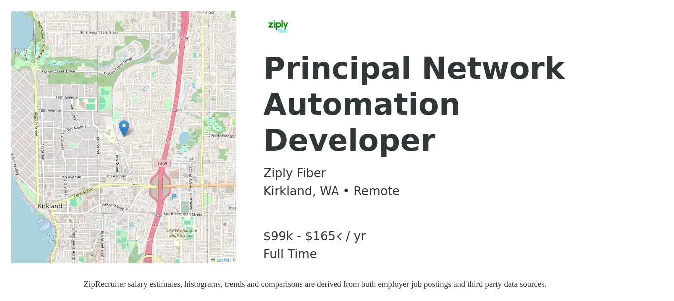 Ziply Fiber job posting for a Principal Network Automation Developer in Kirkland, WA with a salary of $99,375 to $165,625 Yearly with a map of Kirkland location.