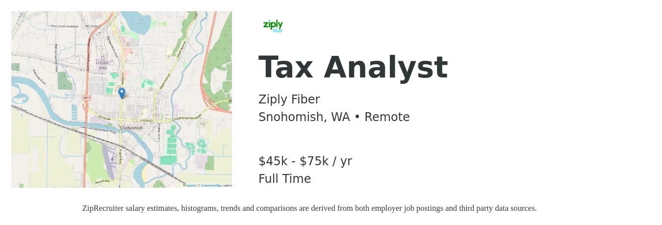 Ziply Fiber job posting for a Tax Analyst in Snohomish, WA with a salary of $45,000 to $75,000 Yearly with a map of Snohomish location.