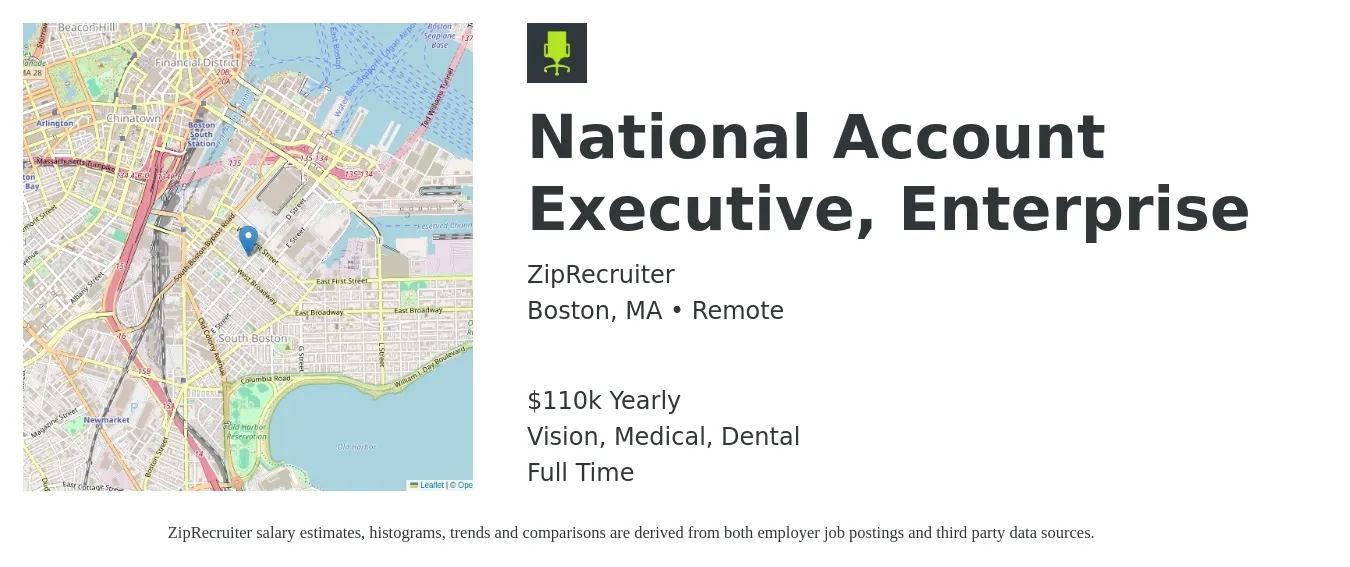 ZipRecruiter job posting for a National Account Executive, Enterprise in Boston, MA with a salary of $110,000 Yearly and benefits including medical, retirement, vision, dental, and life_insurance with a map of Boston location.