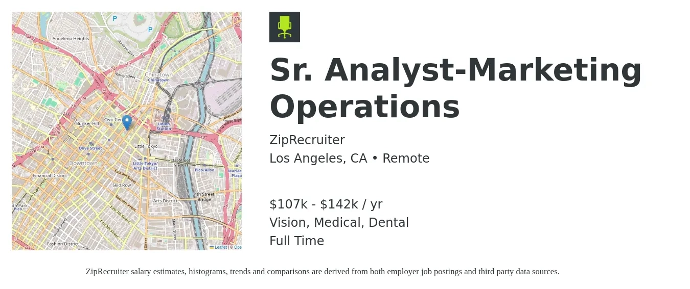 ZipRecruiter job posting for a Sr. Analyst-Marketing Operations in Los Angeles, CA with a salary of $107,500 to $142,500 Yearly and benefits including life_insurance, medical, retirement, vision, and dental with a map of Los Angeles location.