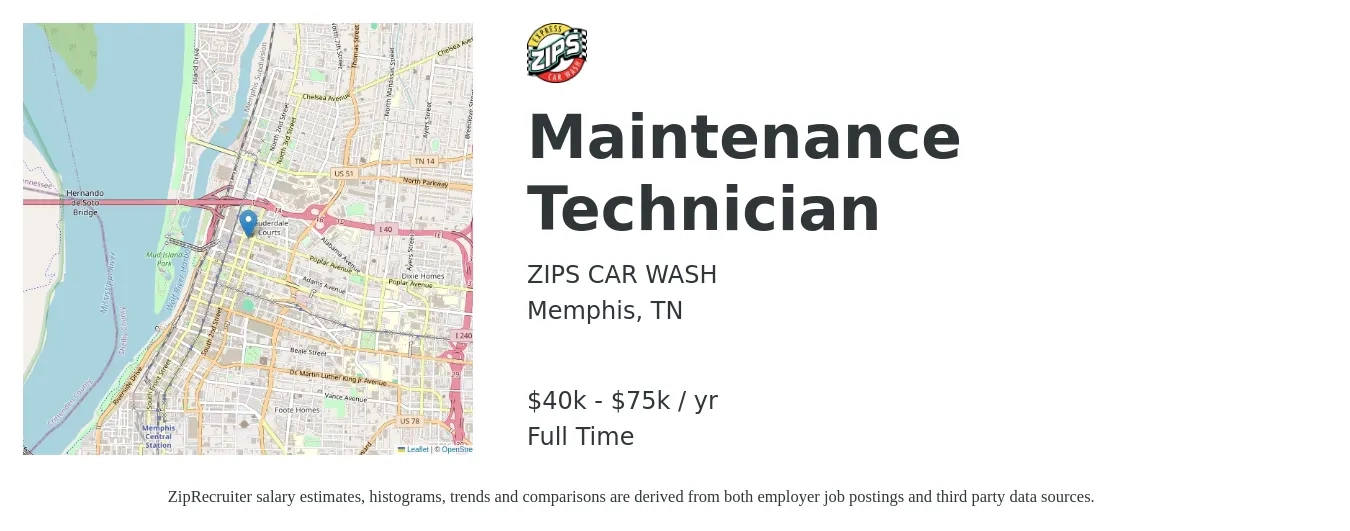 ZIPS CAR WASH job posting for a Maintenance Technician in Memphis, TN with a salary of $40,000 to $75,000 Yearly with a map of Memphis location.