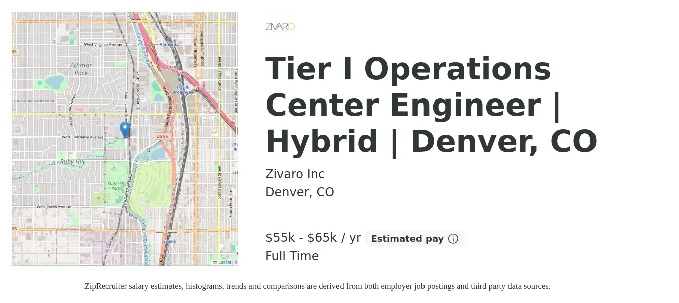 Zivaro Inc job posting for a Tier I Operations Center Engineer | Hybrid | Denver, CO in Denver, CO with a salary of $55,000 to $65,000 Yearly with a map of Denver location.
