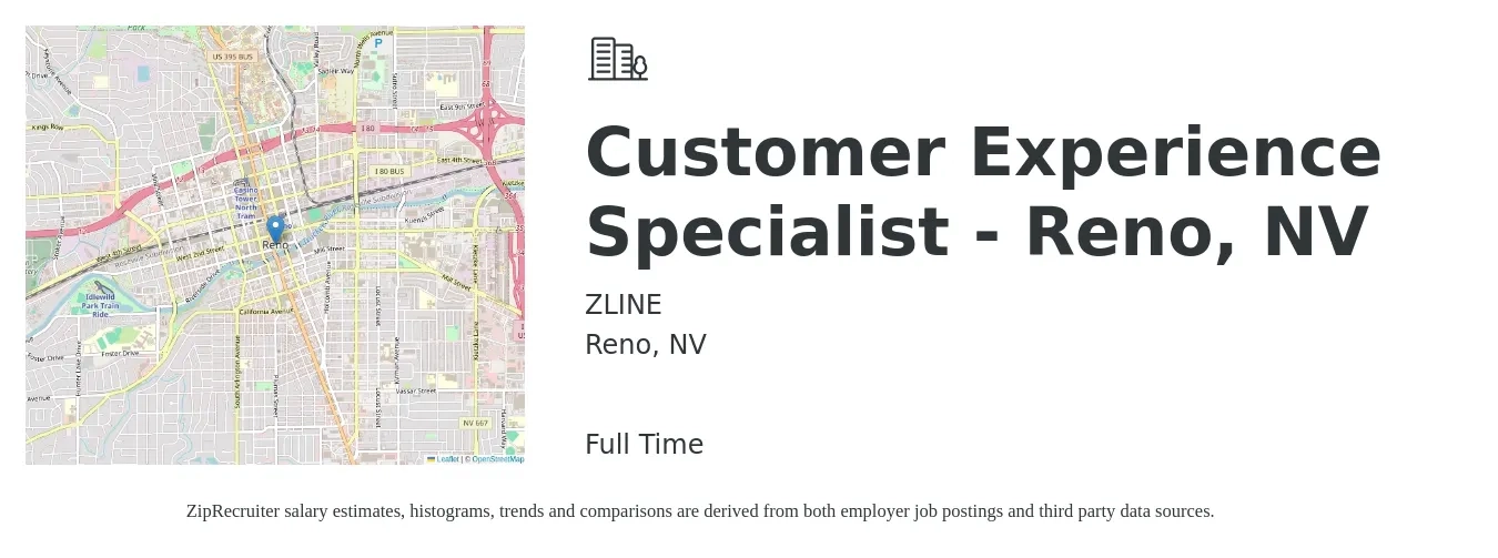 ZLINE job posting for a Customer Experience Specialist - Reno, NV in Reno, NV with a salary of $40,000 Yearly with a map of Reno location.