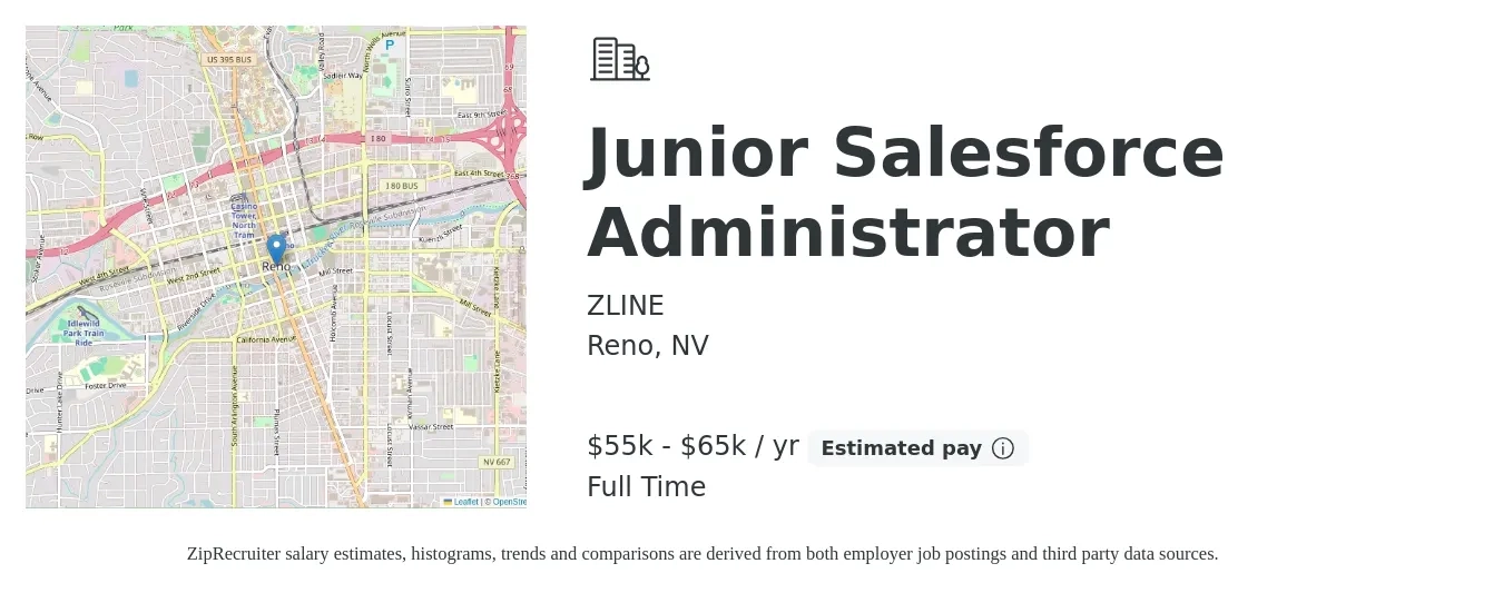 ZLINE job posting for a Junior Salesforce Administrator in Reno, NV with a salary of $55,000 to $65,000 Yearly with a map of Reno location.