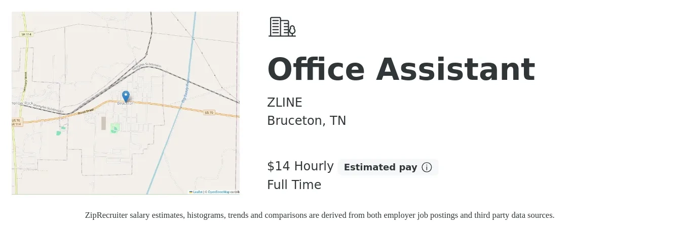 ZLINE job posting for a Office Assistant in Bruceton, TN with a salary of $15 Hourly with a map of Bruceton location.