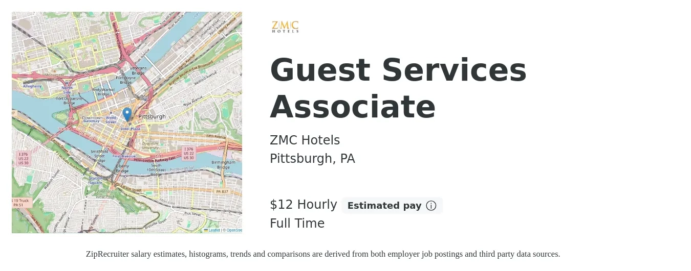 ZMC Hotels, LLC job posting for a Guest Services Associate in Pittsburgh, PA with a salary of $14 Hourly with a map of Pittsburgh location.