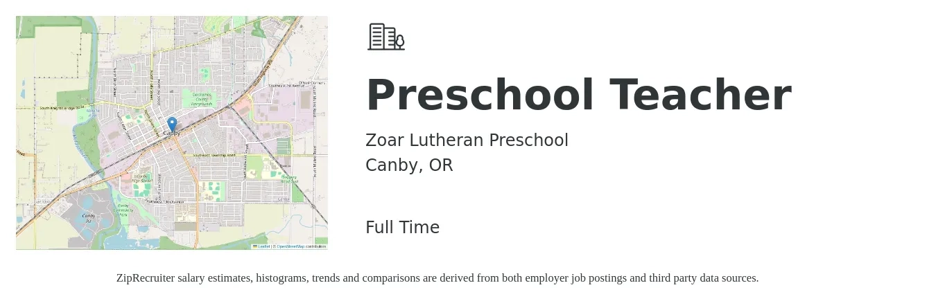 Zoar Lutheran Preschool job posting for a Preschool Teacher in Canby, OR with a salary of $16 to $21 Hourly with a map of Canby location.