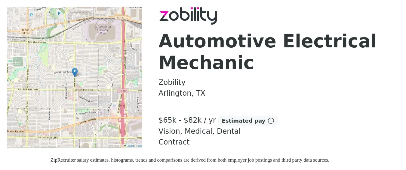 Zobility job posting for a Automotive Electrical Mechanic in Arlington, TX with a salary of $65,000 to $82,000 Yearly and benefits including dental, life_insurance, medical, pto, and vision with a map of Arlington location.