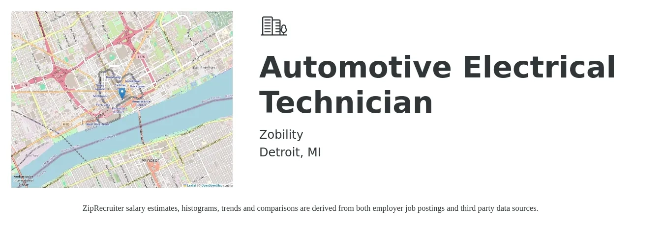 Zobility job posting for a Automotive Electrical Technician in Detroit, MI with a salary of $32 to $37 Hourly with a map of Detroit location.