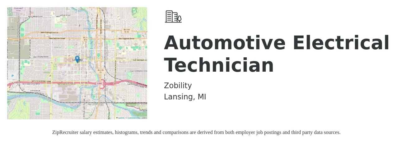 Zobility job posting for a Automotive Electrical Technician in Lansing, MI with a salary of $36 to $41 Hourly with a map of Lansing location.