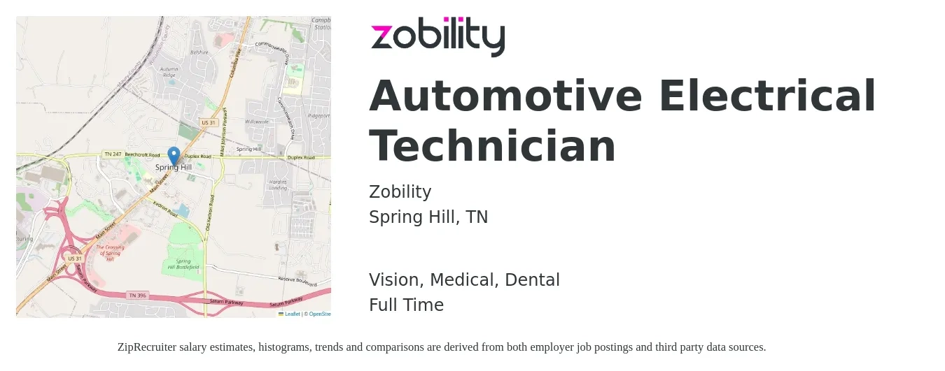 Zobility job posting for a Automotive Electrical Technician in Spring Hill, TN with a salary of $33 to $38 Hourly and benefits including medical, pto, vision, dental, and life_insurance with a map of Spring Hill location.