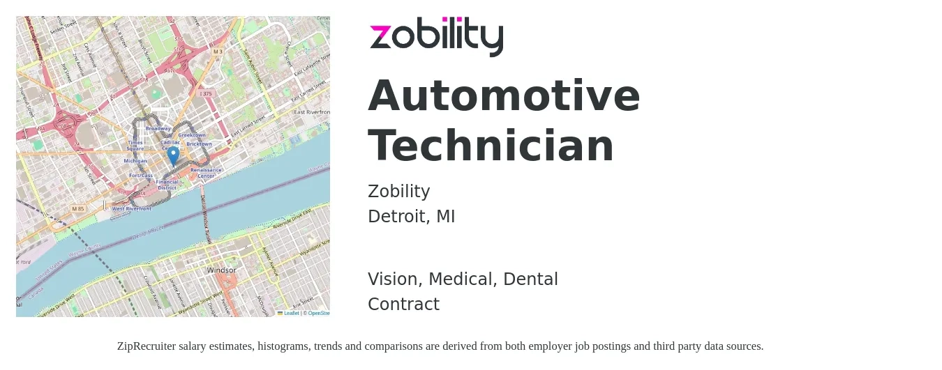 Zobility job posting for a Automotive Technician in Detroit, MI with a salary of $22 to $34 Hourly and benefits including dental, life_insurance, medical, pto, and vision with a map of Detroit location.