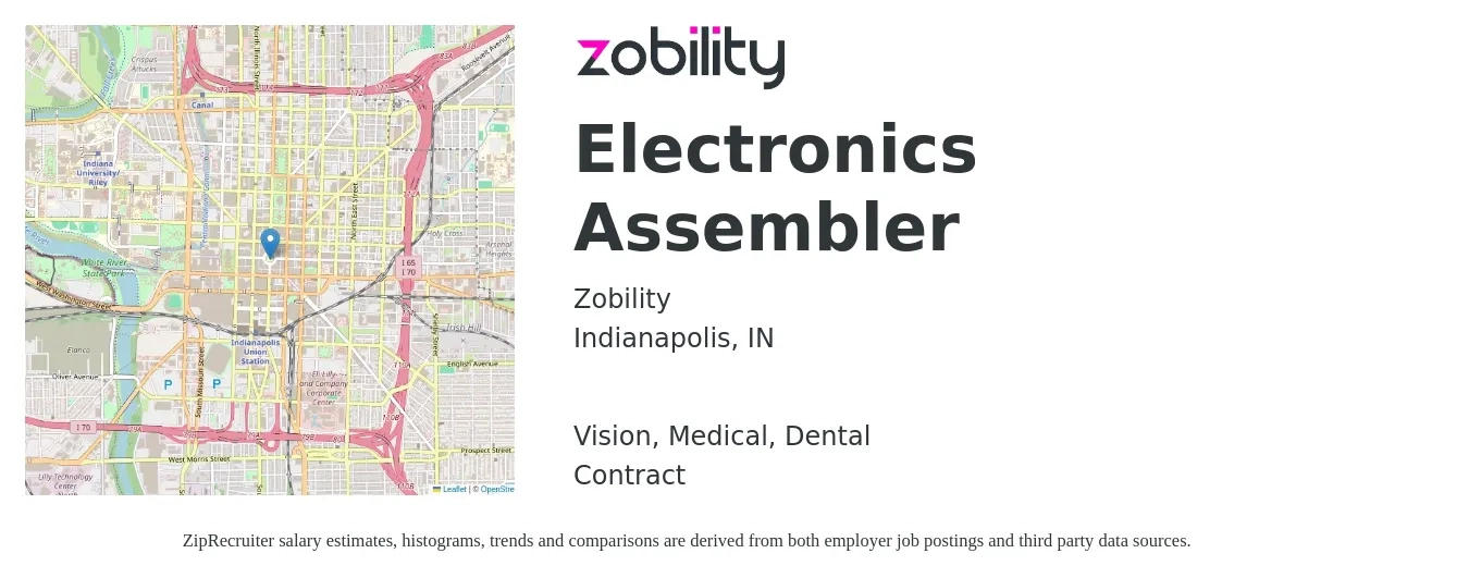 Zobility job posting for a Electronics Assembler in Indianapolis, IN with a salary of $16 to $21 Hourly and benefits including dental, life_insurance, medical, pto, retirement, and vision with a map of Indianapolis location.