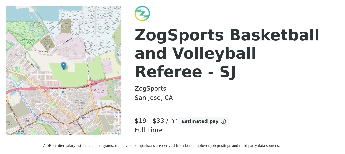 ZogSports job posting for a ZogSports Basketball and Volleyball Referee - SJ in San Jose, CA with a salary of $20 to $35 Hourly with a map of San Jose location.