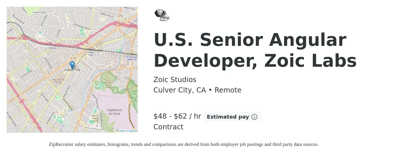 Zoic Studios job posting for a U.S. Senior Angular Developer, Zoic Labs in Culver City, CA with a salary of $50 to $65 Hourly with a map of Culver City location.