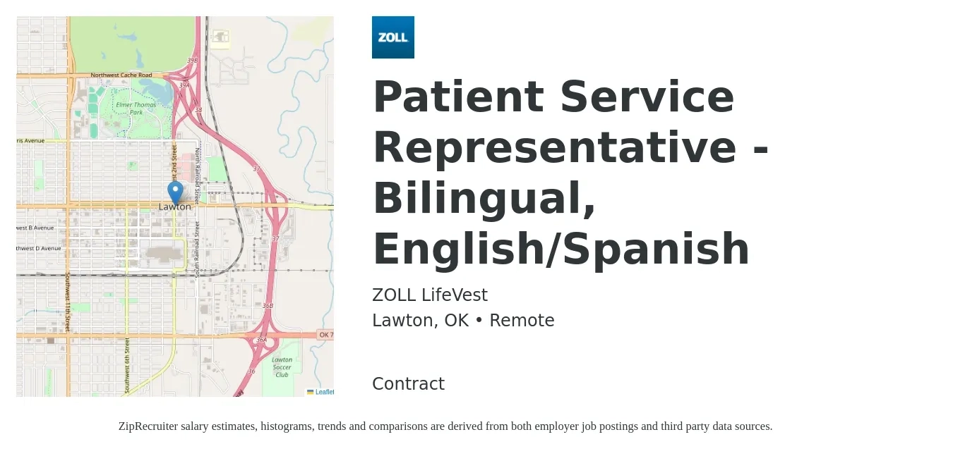 ZOLL LifeVest job posting for a Patient Service Representative - Bilingual, English/Spanish in Lawton, OK with a salary of $14 to $17 Hourly with a map of Lawton location.