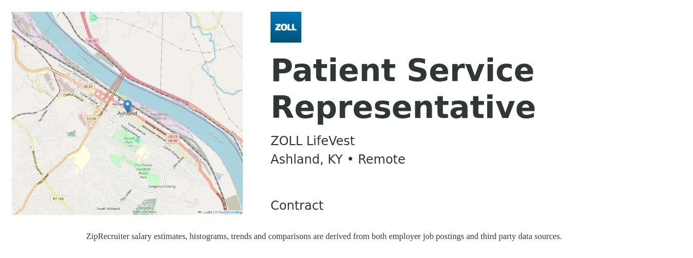 ZOLL LifeVest job posting for a Patient Service Representative in Ashland, KY with a salary of $15 to $20 Hourly with a map of Ashland location.