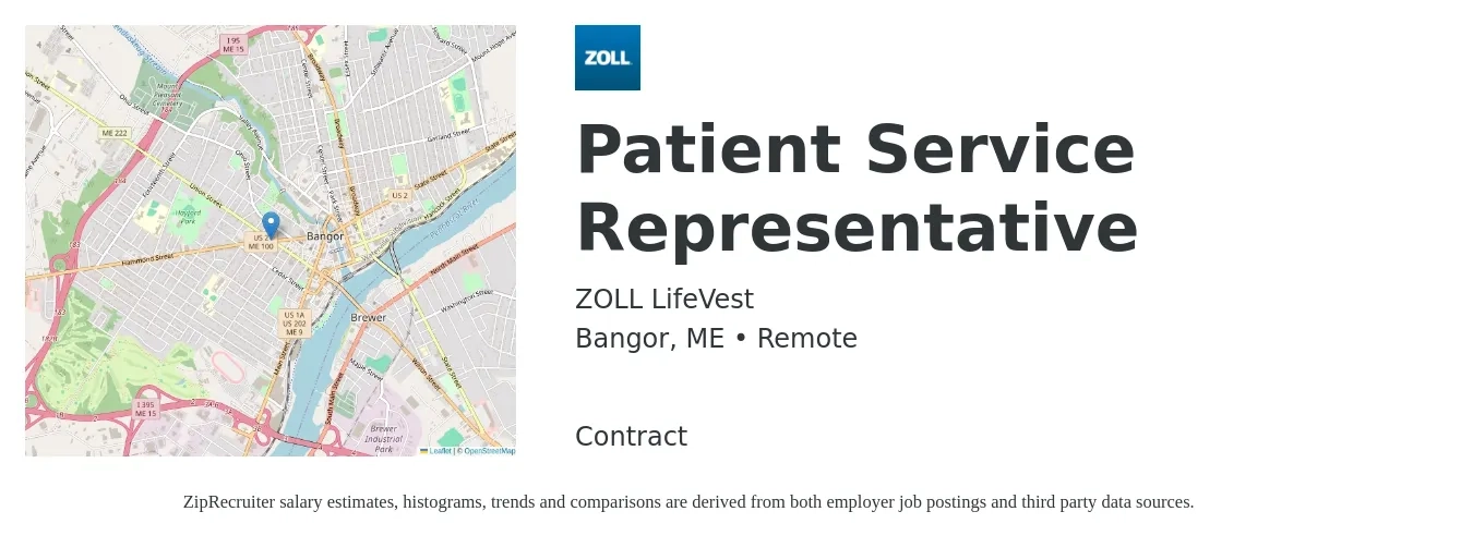 ZOLL LifeVest job posting for a Patient Service Representative in Bangor, ME with a salary of $18 to $23 Hourly with a map of Bangor location.