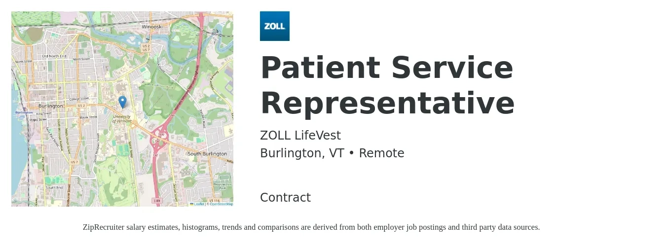 ZOLL LifeVest job posting for a Patient Service Representative in Burlington, VT with a salary of $17 to $22 Hourly with a map of Burlington location.