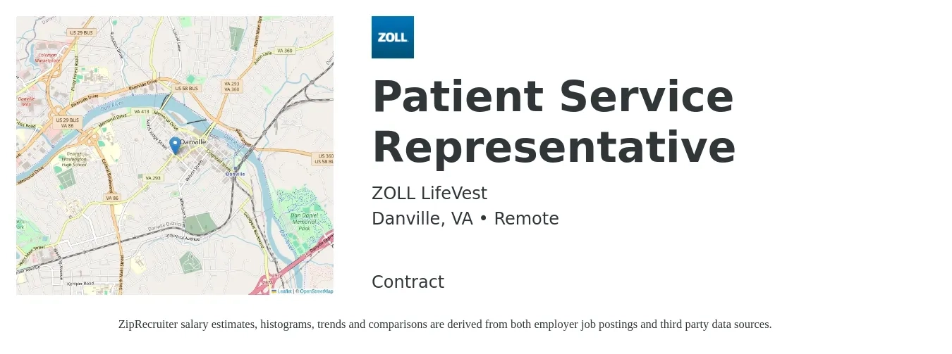 ZOLL LifeVest job posting for a Patient Service Representative in Danville, VA with a salary of $16 to $21 Hourly with a map of Danville location.