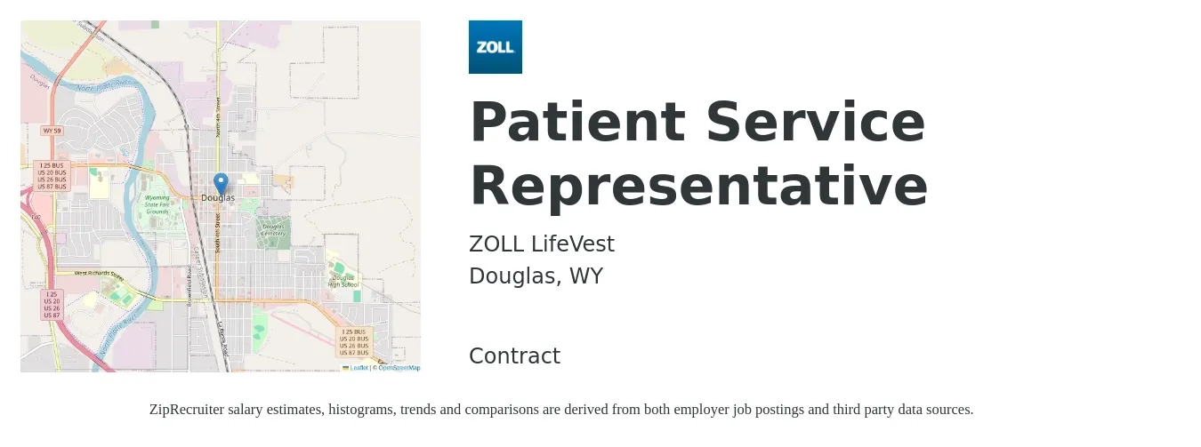 ZOLL LifeVest job posting for a Patient Service Representative in Douglas, WY with a salary of $16 to $20 Hourly with a map of Douglas location.