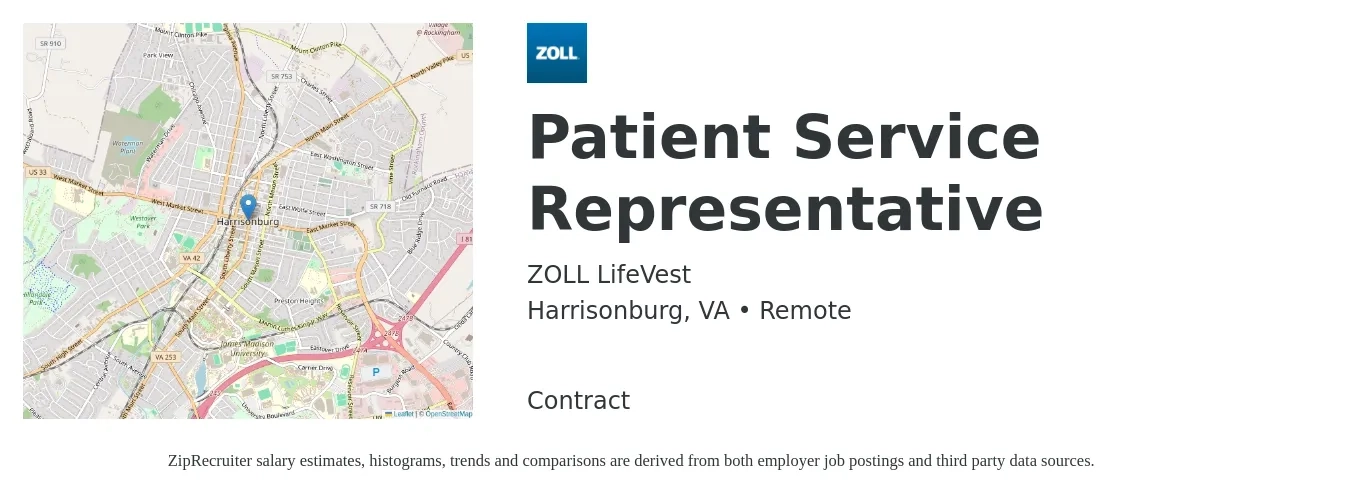 ZOLL LifeVest job posting for a Patient Service Representative in Harrisonburg, VA with a salary of $16 to $21 Hourly with a map of Harrisonburg location.
